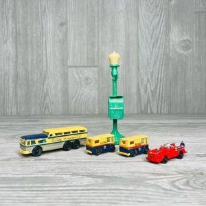 vintage bachmann mini vehicles mail trucks , fire truck and bus light pole toys